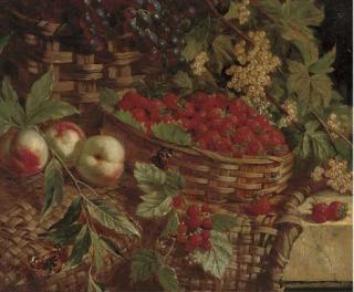 William Hughes - Strawberries, Raspberries, Grapes, Peaches And Elderberries In Wicker Baskets On A Stone Ledge