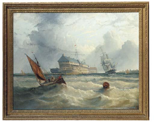 William J. Leatham - A prison hulk and other shipping off a coastline