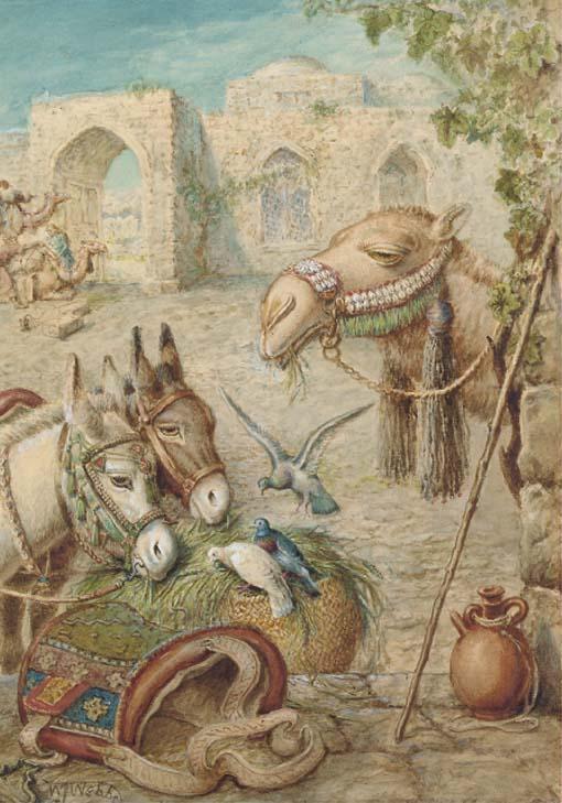 William J. Webbe - Donkeys and a camel resting at the wayside