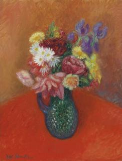 William James Glackens - Flowers with Red Tablecloth