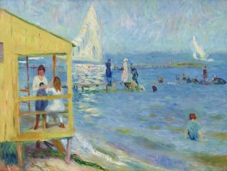 William James Glackens - Yellow Bath House and Sailboat, Bellport, Long Island