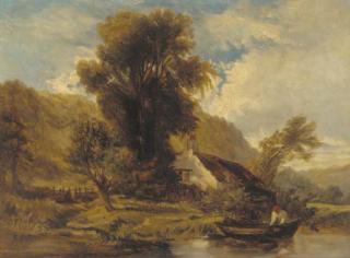 William James Müller - A Figure By A Cottage Unloading A Boat In A Wooded River Landscape