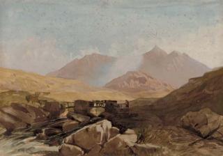 William James Müller - A traveller crossing a bridge in a Welsh landscape