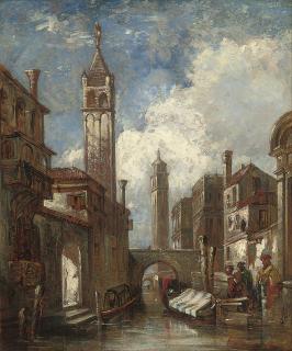 William James Müller - A Venetian canal with merchants conversing by a godola