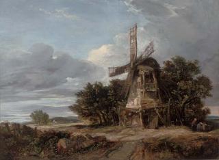 William James Müller - A wooded landscape with a windmill and a figure on a track