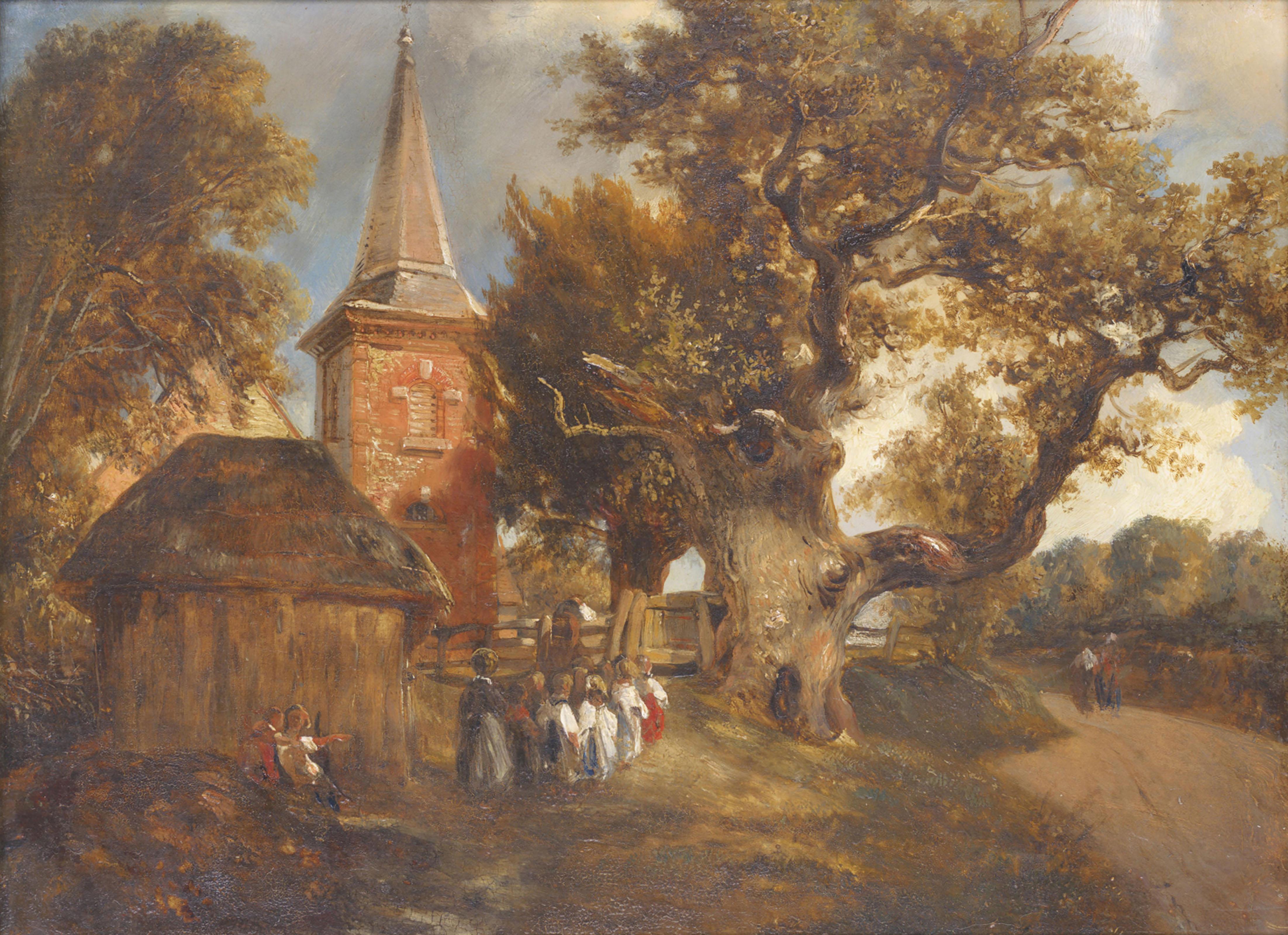 William James Müller - Figures on a path beside a church