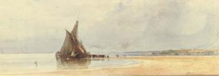 William James Müller - Moored Sailing Vessels And Cows At Low Tide