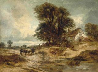 William James Müller - Two donkeys grazing before a thatched cottage