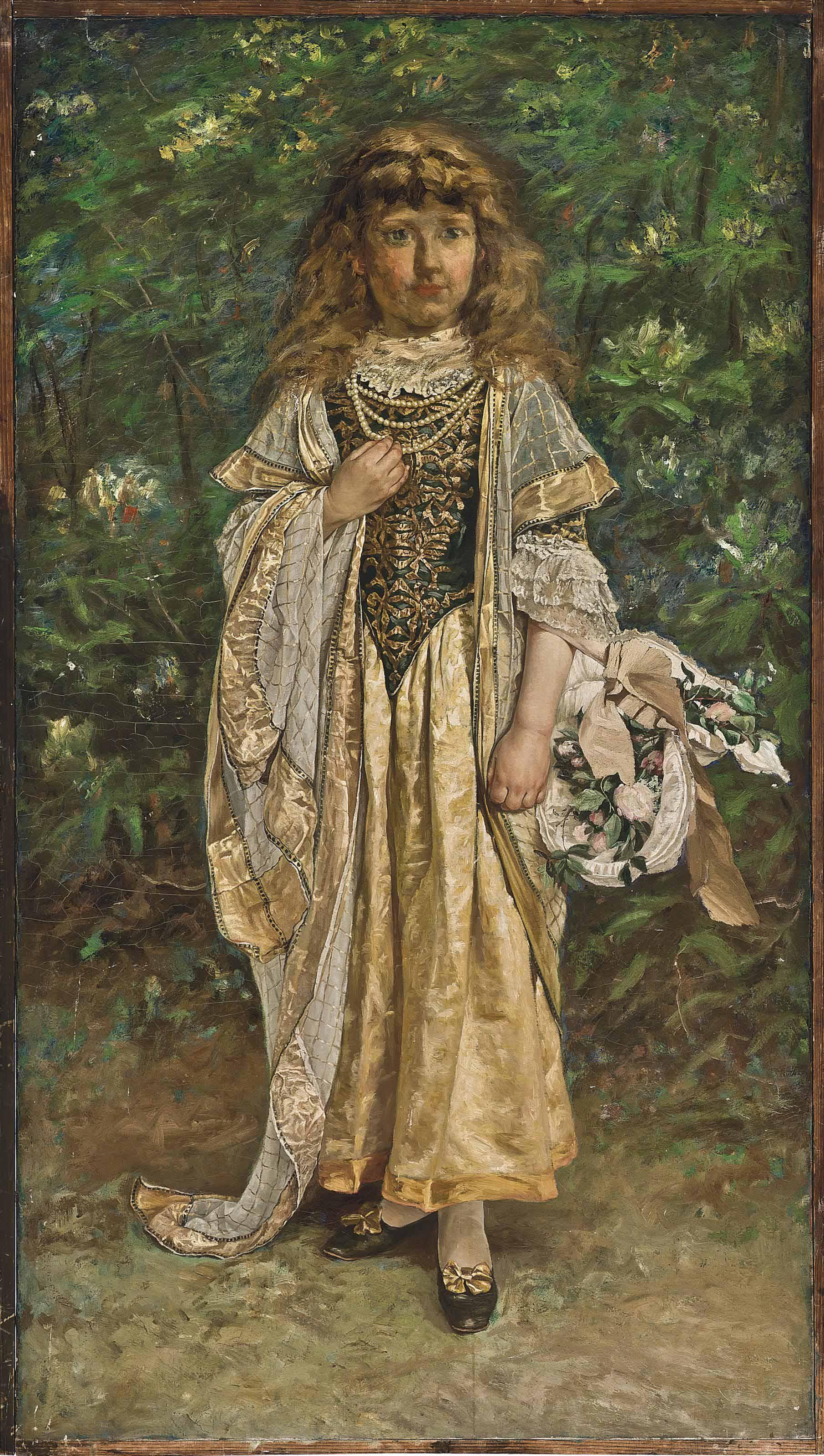 William John Hennessy, R.O.I., P.S., N.A. - Portrait Of Moya Hennessey, The Artist\'S Daughter, Aged About 10, Standing Full Length, In An Elaborate Costume And Carrying A Basket Of Flowers