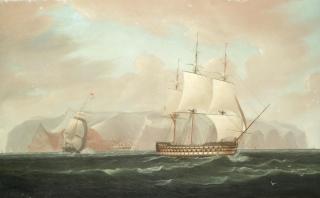 William John Huggins - A three-decked ship-of-the-line bearing away from Jamestown, St. Helena, with her escorting frigate firing a farewell salute