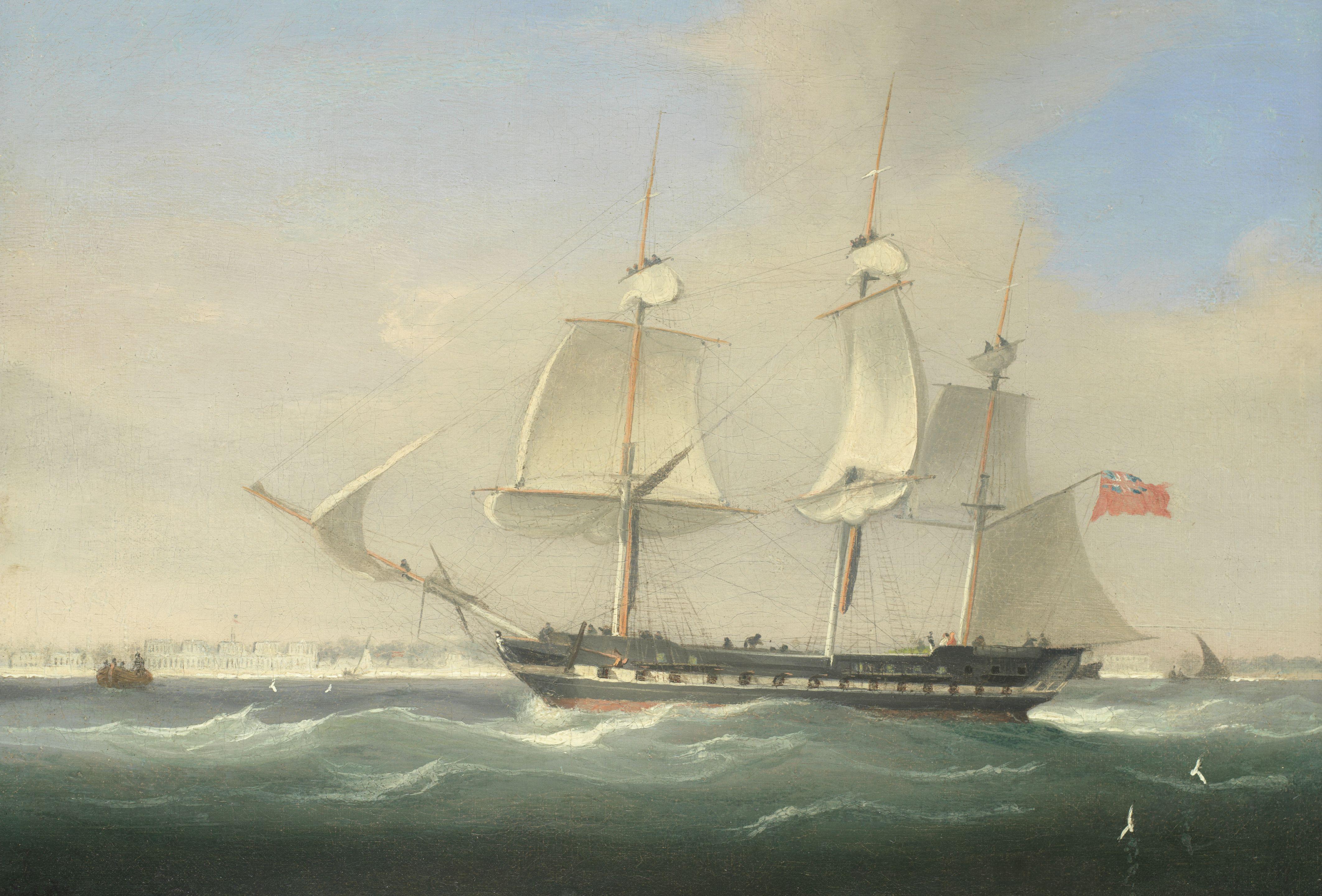 William John Huggins - An East Indiaman backing her sails and heaving-to off Bombay