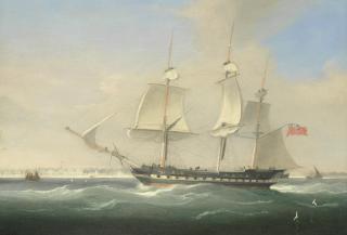 William John Huggins - An East Indiaman backing her sails and heaving-to off Bombay