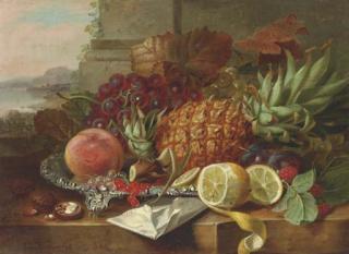 William John Wainwright - A Pineapple, Grapes, A Peach With Other Fruit On A Ledge, A Landscape Beyond