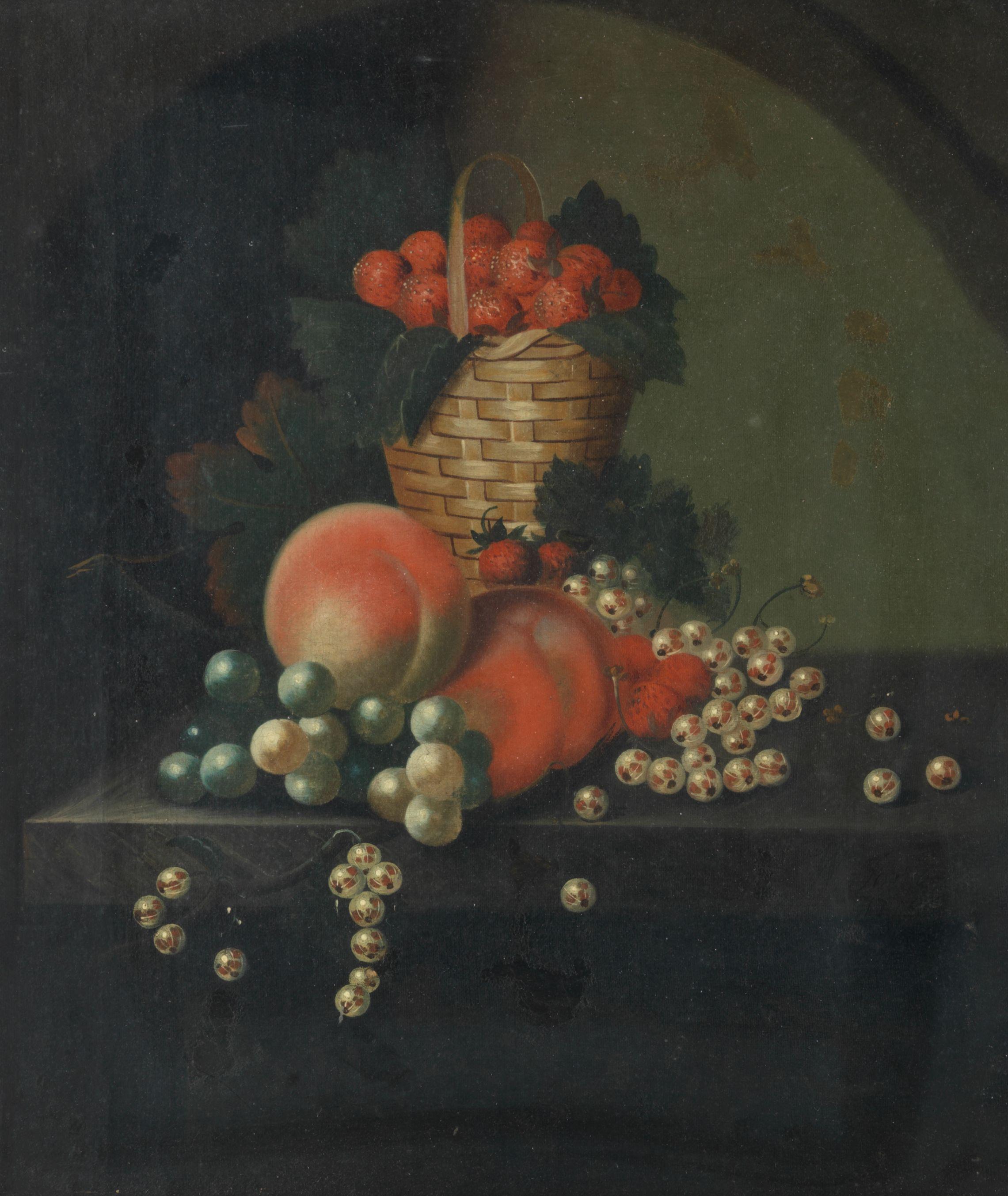 William Jones of Bath - A basket of strawberries, peaches and other fruit on a stone ledge