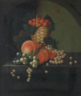 William Jones of Bath - A basket of strawberries, peaches and other fruit on a stone ledge