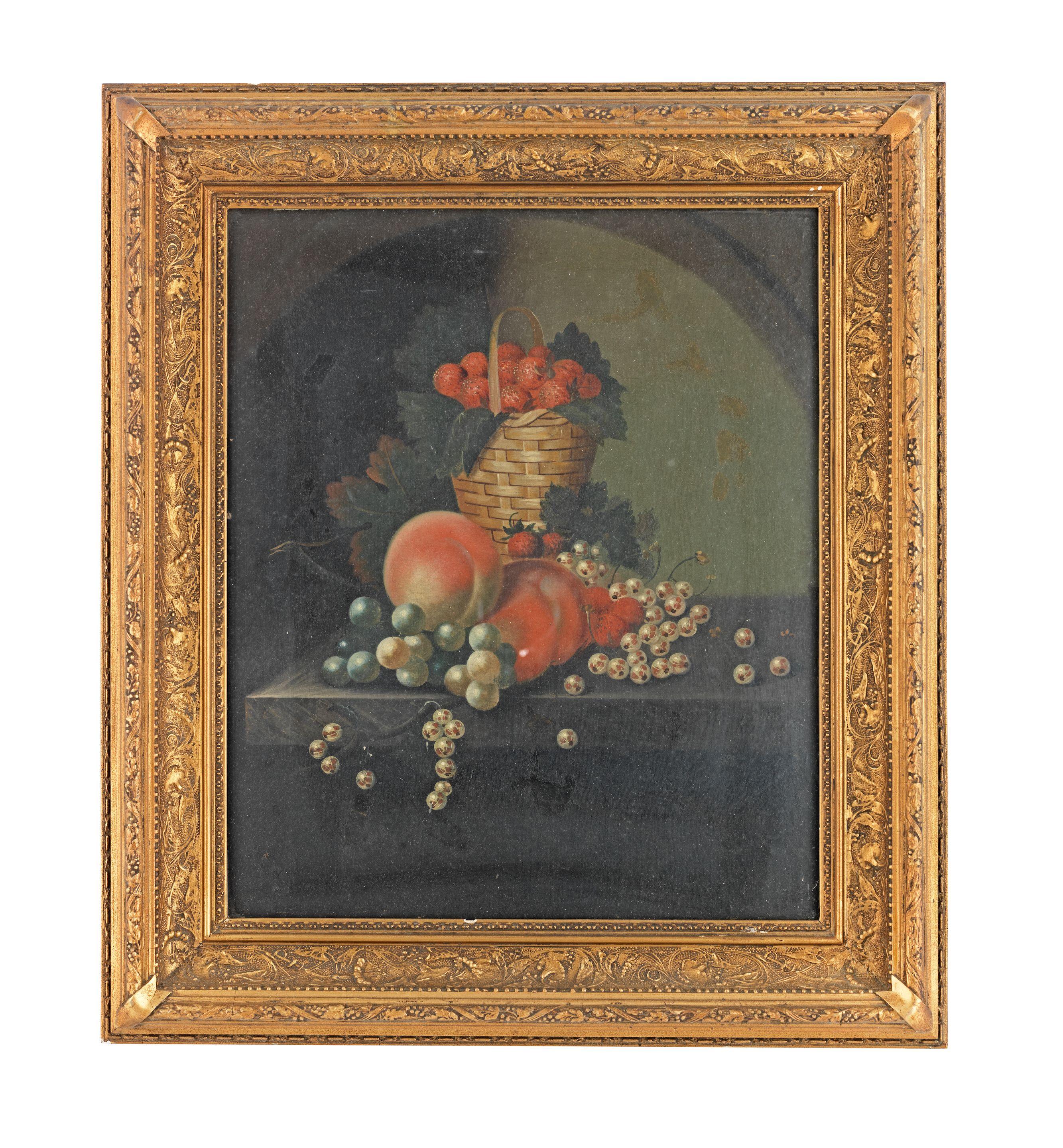 William Jones Of Bath - A Basket Of Strawberries, Peaches And Other Fruit On A Stone Ledge