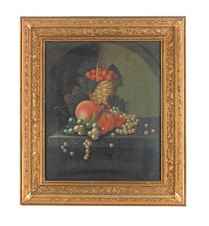 William Jones Of Bath - A Basket Of Strawberries, Peaches And Other Fruit On A Stone Ledge