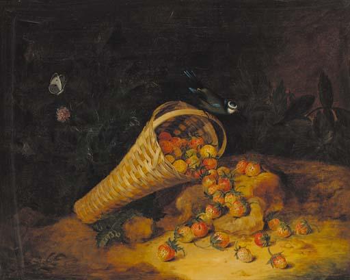William Jones - A Basket Of Strawberries With A Bluetit And Butterfly, On A Rocky Bank