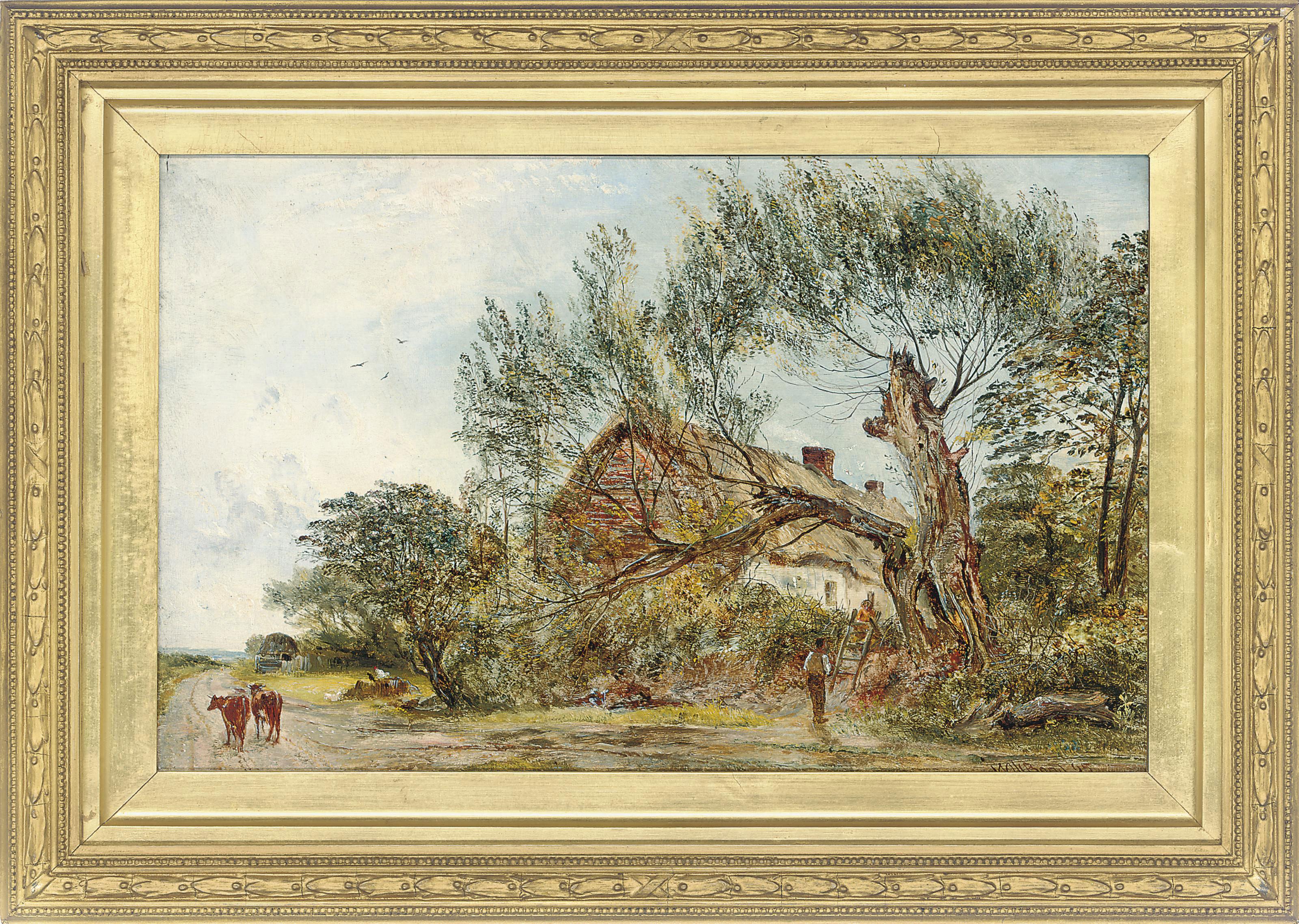 William Joseph J. C. Bond - Figures by a fallen tree, before a cottage