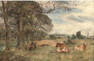 William Joseph Julius Caesar Bond - Cattle grazing, with Sefton Church beyond