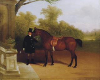 William Joseph Shayer - A groom with a bay cob, at the door of a mansion