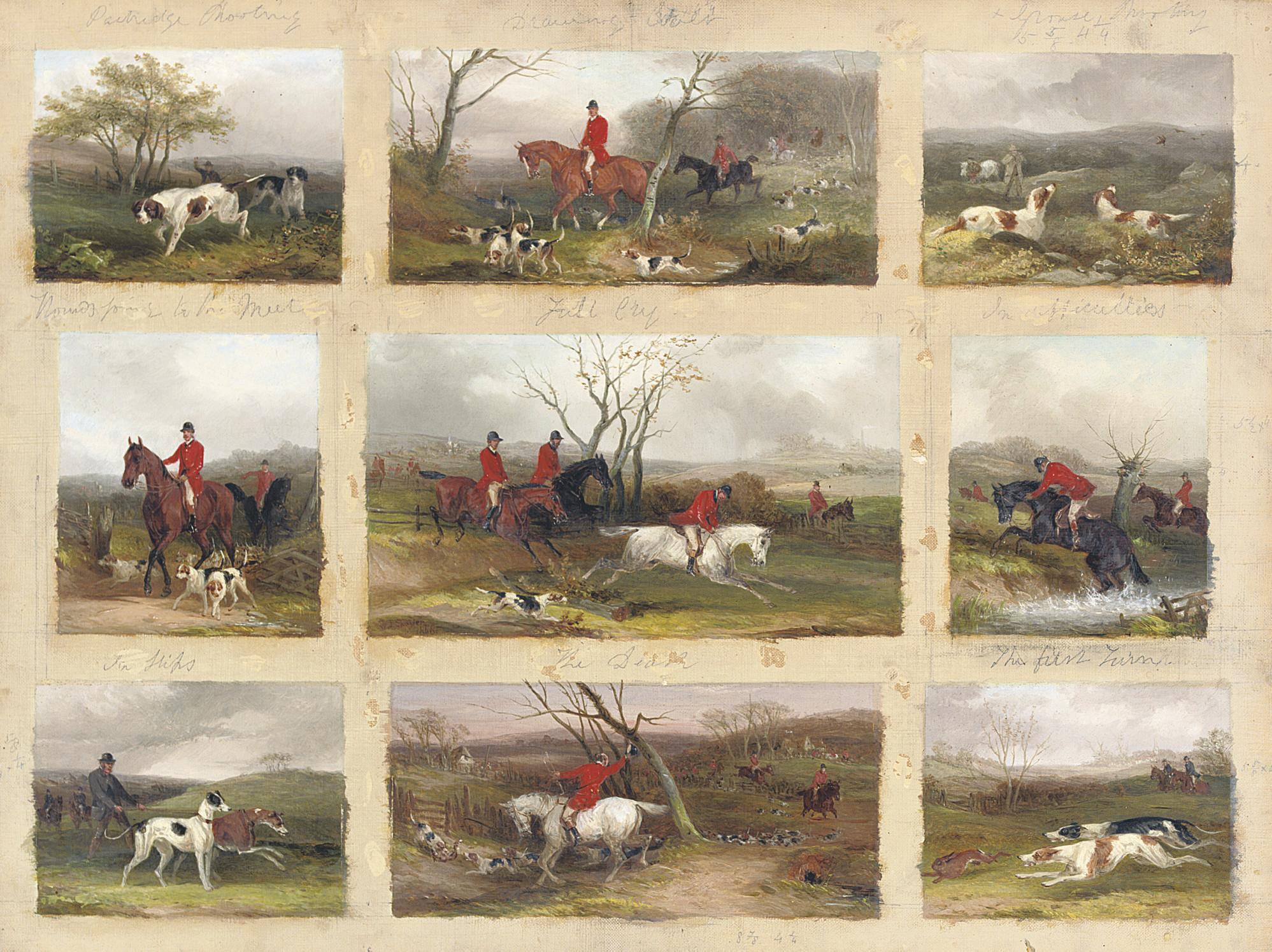 William Joseph Shayer - Partridge Shooting; Drawing Cover; Grouse Shooting; Hounds going to the Meet; Full Cry; In Difficulties; In Clips; The Death; and The First Turn