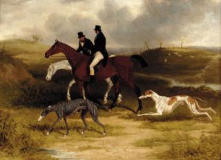 William Joseph Shayer - Two Gentlemen On Hunters With Greyhounds In A Landscape