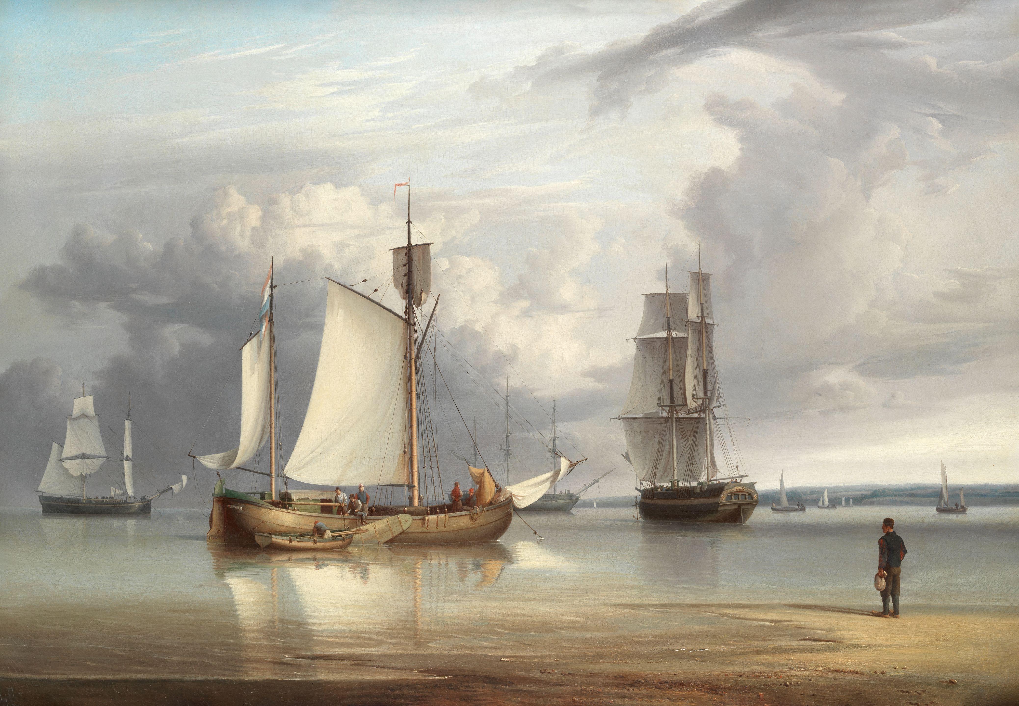 William Joy - A Dutch galliot and other vessels in calm conditions on a British shoreline