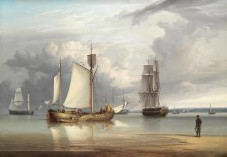William Joy - A Dutch galliot and other vessels in calm conditions on a British shoreline