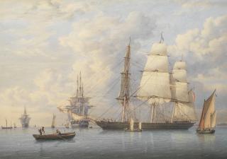 William Joy - A fine merchantman preparing to sail from her offshore anchorage, some crew or passengers approaching in two ketches, and with two naval frigates drying their sails at anchor further out
