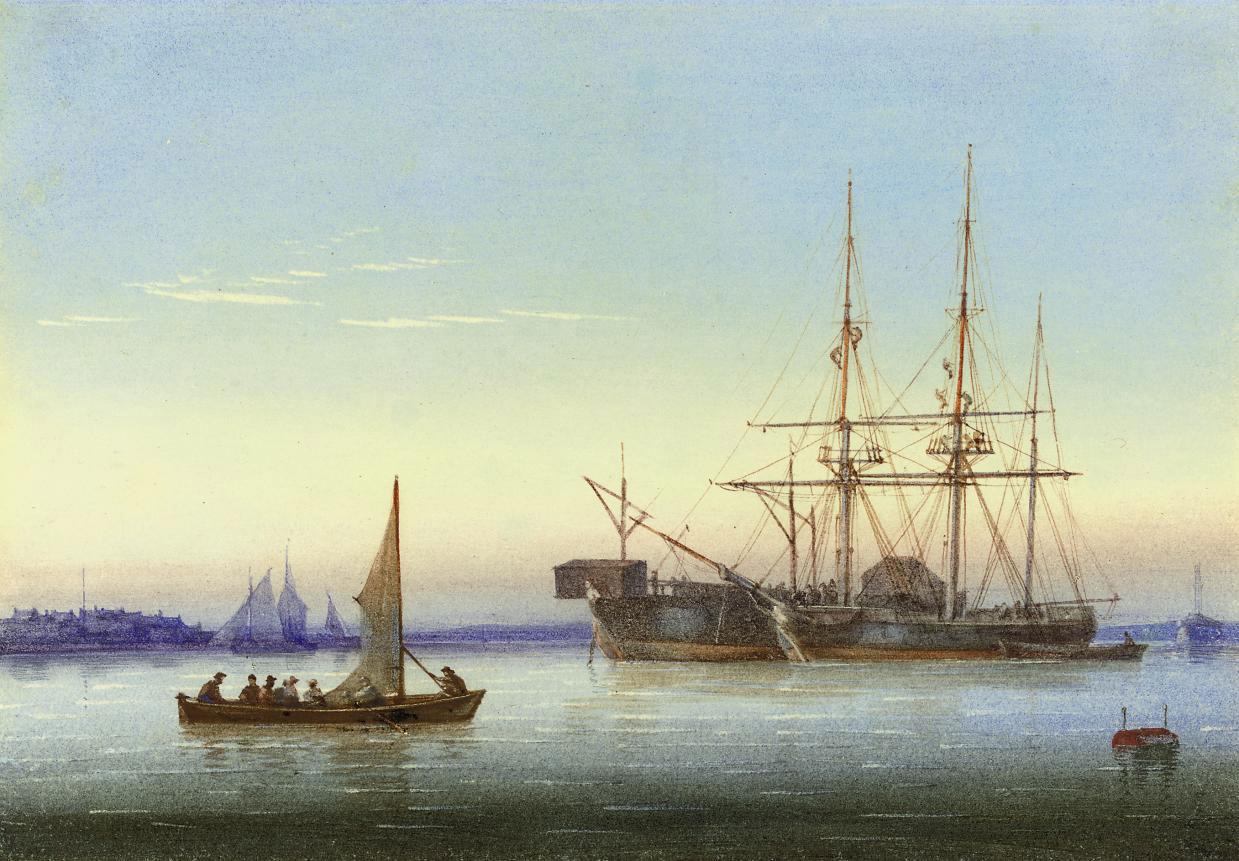 William Joy - A frigate moored alongside a hulk with a small ferry passing by