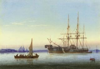 William Joy - A frigate moored alongside a hulk with a small ferry passing by