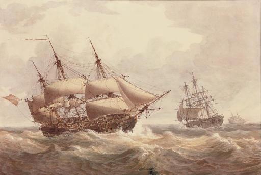 William Joy - A Naval squadron reefed down for the impending storm (illustrated); and A brig arriving at her anchorage