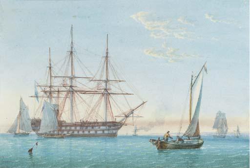 William Joy - A Royal Naval Two-Decker Lying In Spithead With Small Craft Nearby