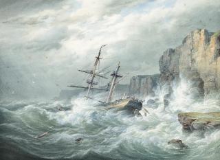 William Joy - A stiff onshore breeze with a dismasted merchantman foundering on the rocks