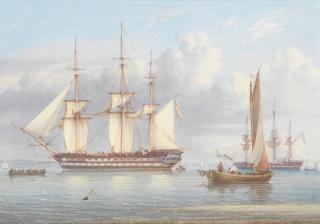 William Joy - A two decker at anchor drying sails with crew or passengers approaching