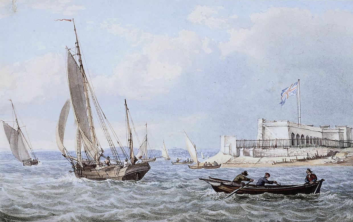 William Joy - Small craft running out of Portsmouth Harbour with the tide, Fort Blockhouse beyond