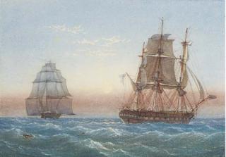 William Joy - Three masted frigates in choppy seas