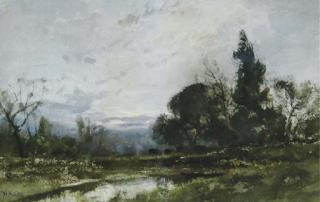 William Keith - Cattle watering in a landscape at dusk