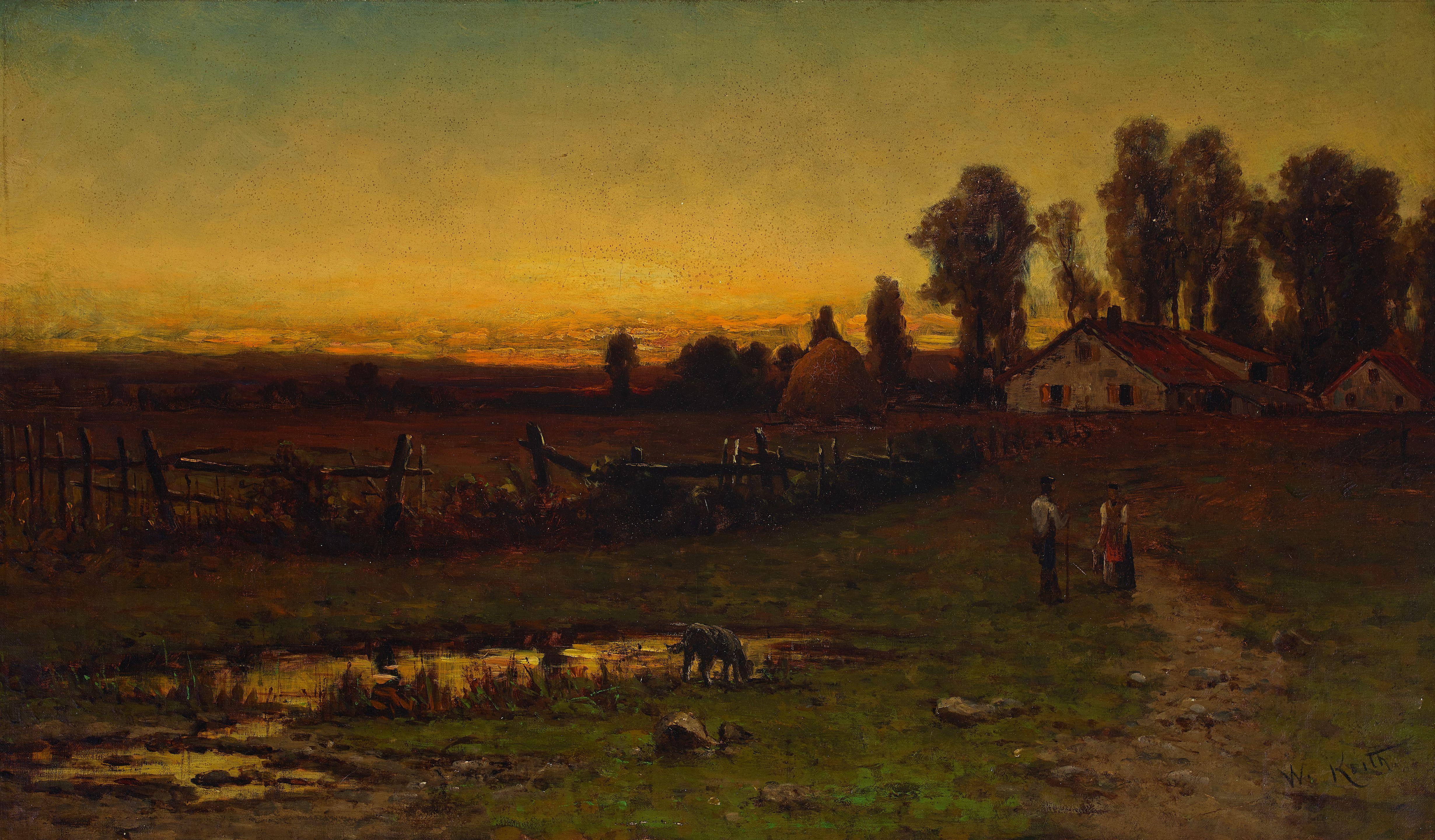 William Keith - Cottage and Hayfield with Farmers at Dawn