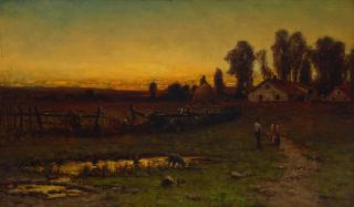 William Keith - Cottage and Hayfield with Farmers at Dawn