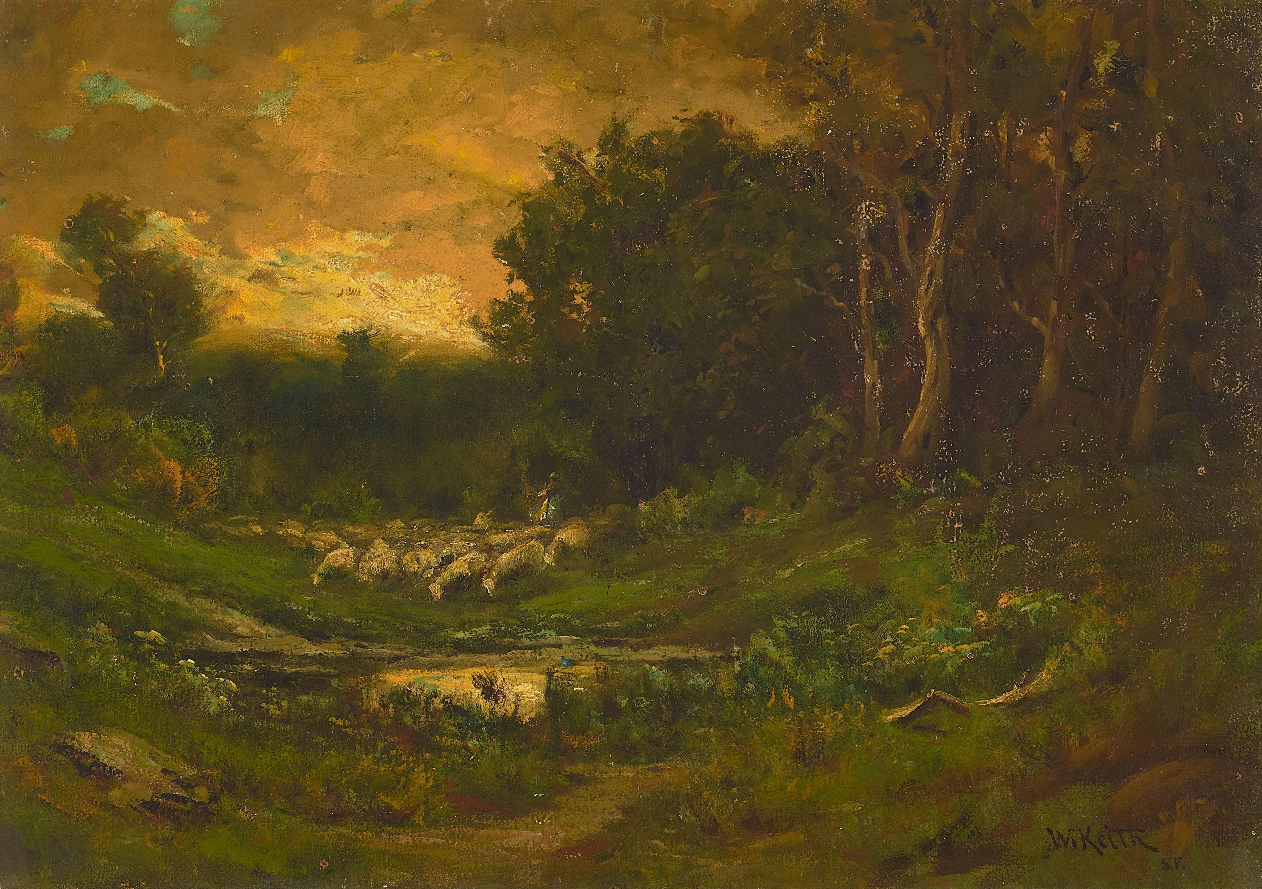 William Keith - Sheep Watering 19 1/2 x 28 in. framed 30 1/2 x 38 1/2 in.