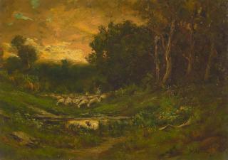 William Keith - Sheep Watering 19 1/2 x 28 in. framed 30 1/2 x 38 1/2 in.
