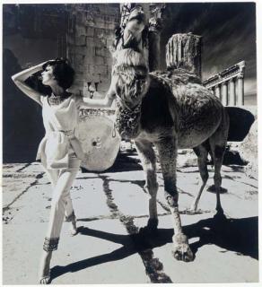William Klein - Dorothy McGowan & Camel, Baalbek, 1962