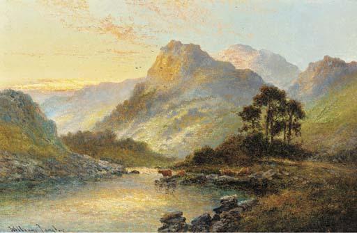 William Langley - Cattle watering at dusk in a highland landscape