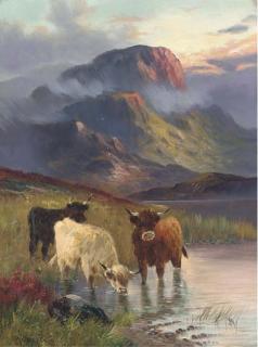 William Langley - Cattle watering, sunset; and Cattle grazing