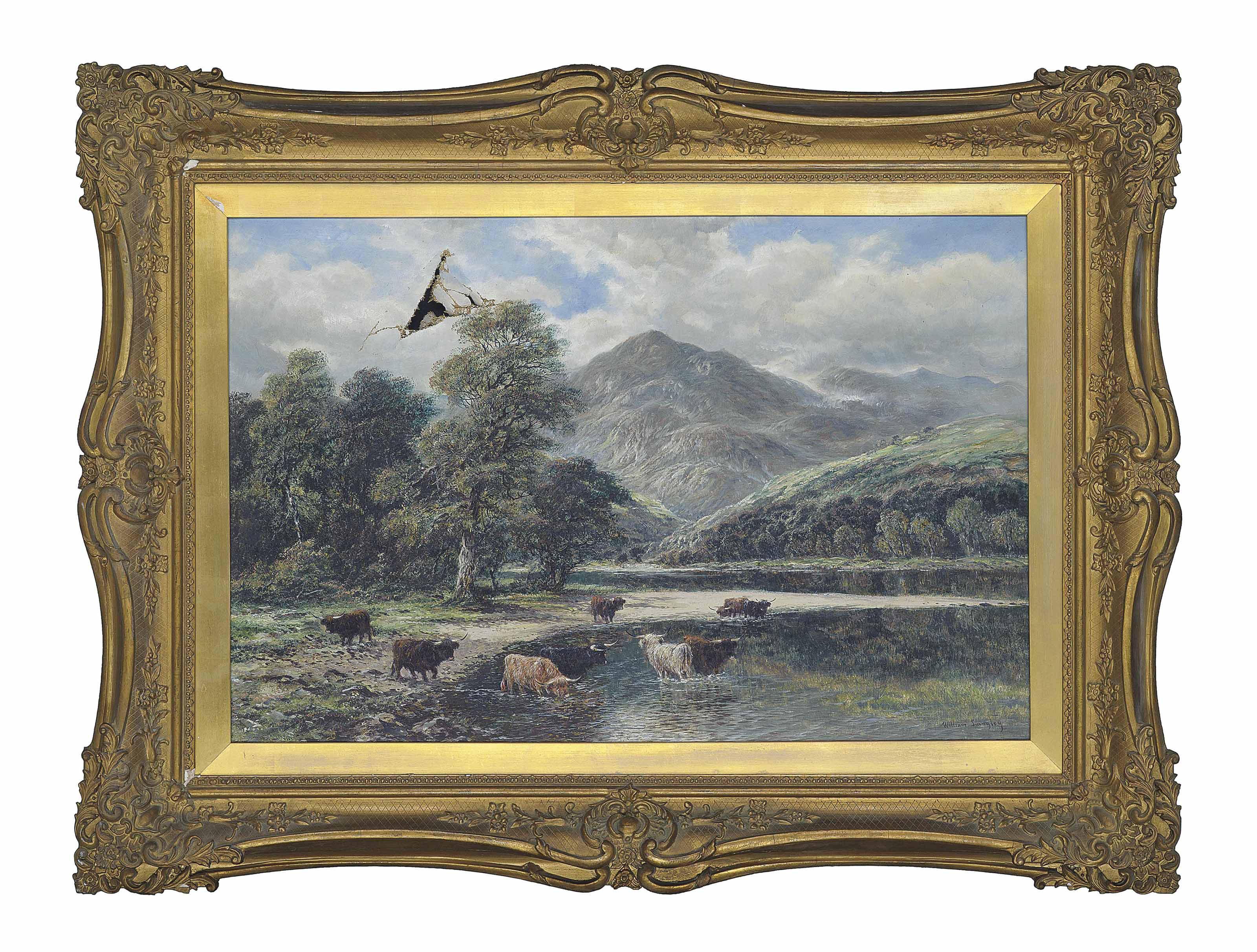 William Langley - Highland Cattle Drinking At A Loch