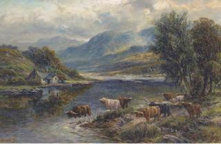 William Langley - Highland cattle watering at a loch