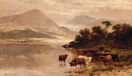 William Langley - Highland Cattle Watering In A Loch Landscape