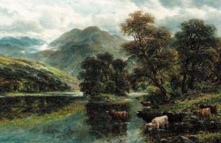 William Langley - Highland cattle watering in a mountainous landscape